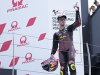 Tony Arbolino of Italy and ELF Marc VDS Racing Team celebrates the third place scored during the Moto2 race of the MotoGP of Emilia Romagna...