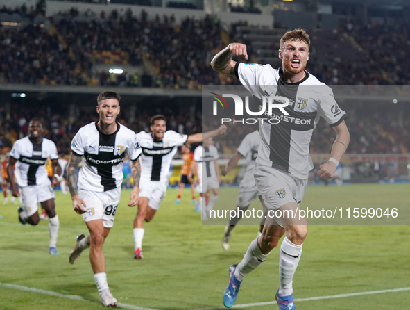 Antoine Hainaut of Parma Calcio celebrates a goal during the Serie A match between Lecce and Parma in Lecce, Italy, on September 21, 2024. 