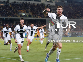 Antoine Hainaut of Parma Calcio celebrates a goal during the Serie A match between Lecce and Parma in Lecce, Italy, on September 21, 2024. (