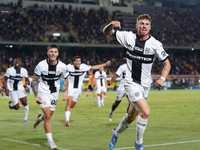 Antoine Hainaut of Parma Calcio celebrates a goal during the Serie A match between Lecce and Parma in Lecce, Italy, on September 21, 2024. (