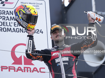 Aron Canet of Spain and Fantic Racing celebrate the second place scored during the Moto2 race of the MotoGP of Emilia Romagna at Misano Worl...