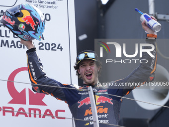 Celestino Vietti of Italy and Red Bull KTM Ajo celebrates the victory of the Moto2 race of the MotoGP of Emilia Romagna at Misano World Circ...