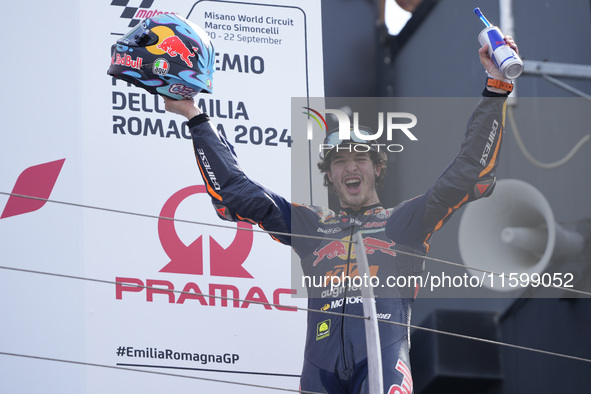 Celestino Vietti of Italy and Red Bull KTM Ajo celebrates the victory of the Moto2 race of the MotoGP of Emilia Romagna at Misano World Circ...