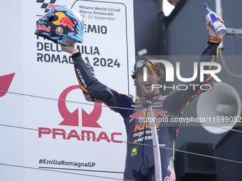 Celestino Vietti of Italy and Red Bull KTM Ajo celebrates the victory of the Moto2 race of the MotoGP of Emilia Romagna at Misano World Circ...