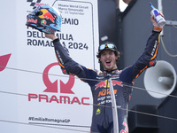 Celestino Vietti of Italy and Red Bull KTM Ajo celebrates the victory of the Moto2 race of the MotoGP of Emilia Romagna at Misano World Circ...