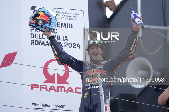 Celestino Vietti of Italy and Red Bull KTM Ajo celebrates the victory of the Moto2 race of the MotoGP of Emilia Romagna at Misano World Circ...