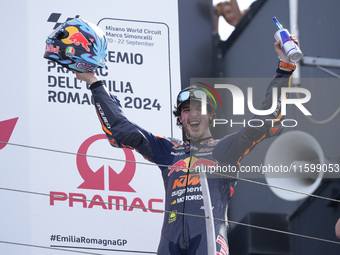 Celestino Vietti of Italy and Red Bull KTM Ajo celebrates the victory of the Moto2 race of the MotoGP of Emilia Romagna at Misano World Circ...