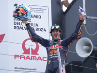 Celestino Vietti of Italy and Red Bull KTM Ajo celebrates the victory of the Moto2 race of the MotoGP of Emilia Romagna at Misano World Circ...