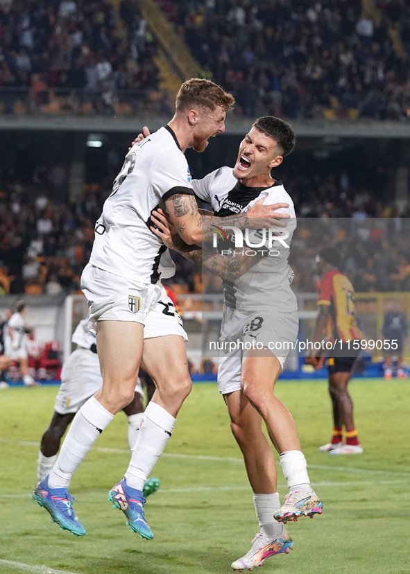 Antoine Hainaut of Parma Calcio celebrates a goal during the Serie A match between Lecce and Parma in Lecce, Italy, on September 21, 2024. 