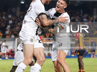 Antoine Hainaut of Parma Calcio celebrates a goal during the Serie A match between Lecce and Parma in Lecce, Italy, on September 21, 2024. (