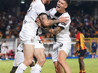 Antoine Hainaut of Parma Calcio celebrates a goal during the Serie A match between Lecce and Parma in Lecce, Italy, on September 21, 2024. (