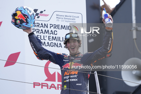 Celestino Vietti of Italy and Red Bull KTM Ajo celebrates the victory of the Moto2 race of the MotoGP of Emilia Romagna at Misano World Circ...