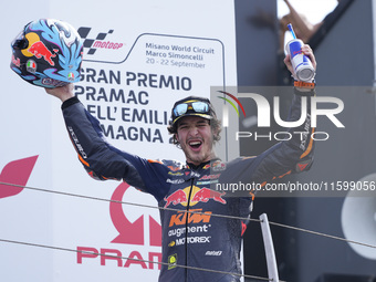 Celestino Vietti of Italy and Red Bull KTM Ajo celebrates the victory of the Moto2 race of the MotoGP of Emilia Romagna at Misano World Circ...