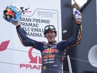 Celestino Vietti of Italy and Red Bull KTM Ajo celebrates the victory of the Moto2 race of the MotoGP of Emilia Romagna at Misano World Circ...