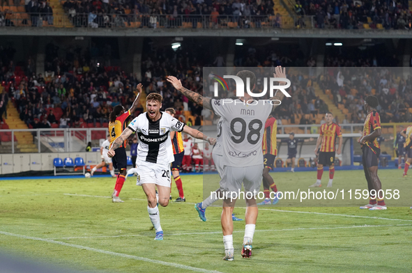 Antoine Hainaut of Parma Calcio celebrates a goal during the Serie A match between Lecce and Parma in Lecce, Italy, on September 21, 2024. 