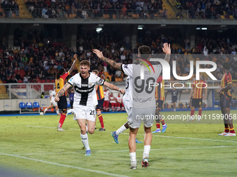 Antoine Hainaut of Parma Calcio celebrates a goal during the Serie A match between Lecce and Parma in Lecce, Italy, on September 21, 2024. (