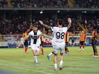 Antoine Hainaut of Parma Calcio celebrates a goal during the Serie A match between Lecce and Parma in Lecce, Italy, on September 21, 2024. (