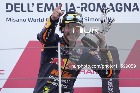 Celestino Vietti of Italy and Red Bull KTM Ajo celebrates the victory of the Moto2 race of the MotoGP of Emilia Romagna at Misano World Circ...