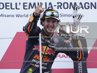 Celestino Vietti of Italy and Red Bull KTM Ajo celebrates the victory of the Moto2 race of the MotoGP of Emilia Romagna at Misano World Circ...