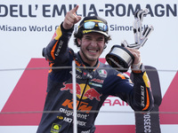 Celestino Vietti of Italy and Red Bull KTM Ajo celebrates the victory of the Moto2 race of the MotoGP of Emilia Romagna at Misano World Circ...