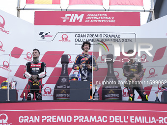 Aron Canet of Spain and Fantic Racing (L), Celestino Vietti of Italy and Red Bull KTM Ajo (C), and Tony Arbolino of Italy and ELF Marc VDS R...