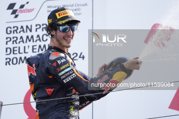 Celestino Vietti of Italy and Red Bull KTM Ajo celebrates the victory of the Moto2 race of the MotoGP of Emilia Romagna at Misano World Circ...