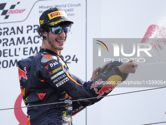 Celestino Vietti of Italy and Red Bull KTM Ajo celebrates the victory of the Moto2 race of the MotoGP of Emilia Romagna at Misano World Circ...