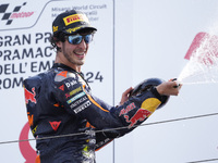 Celestino Vietti of Italy and Red Bull KTM Ajo celebrates the victory of the Moto2 race of the MotoGP of Emilia Romagna at Misano World Circ...