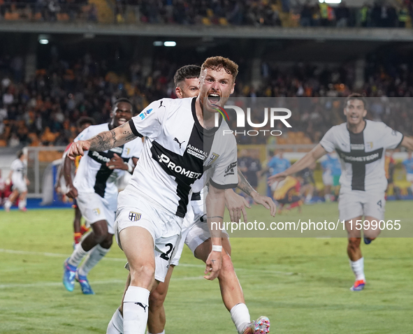 Antoine Hainaut of Parma Calcio celebrates a goal during the Serie A match between Lecce and Parma in Lecce, Italy, on September 21, 2024. 