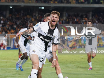 Antoine Hainaut of Parma Calcio celebrates a goal during the Serie A match between Lecce and Parma in Lecce, Italy, on September 21, 2024. (