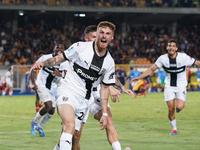 Antoine Hainaut of Parma Calcio celebrates a goal during the Serie A match between Lecce and Parma in Lecce, Italy, on September 21, 2024. (