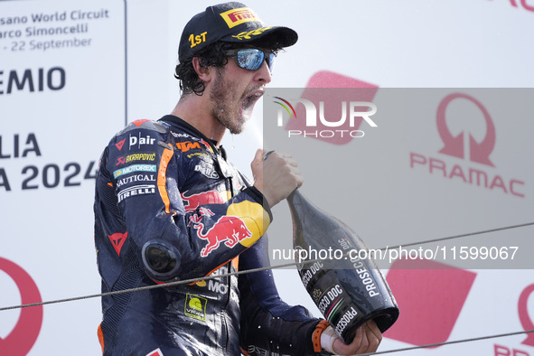 Celestino Vietti of Italy and Red Bull KTM Ajo celebrates the victory of the Moto2 race of the MotoGP of Emilia Romagna at Misano World Circ...