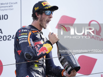 Celestino Vietti of Italy and Red Bull KTM Ajo celebrates the victory of the Moto2 race of the MotoGP of Emilia Romagna at Misano World Circ...