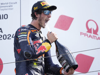 Celestino Vietti of Italy and Red Bull KTM Ajo celebrates the victory of the Moto2 race of the MotoGP of Emilia Romagna at Misano World Circ...