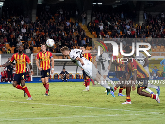 Antoine Hainaut of Parma Calcio scores a goal during the Serie A match between Lecce and Parma in Lecce, Italy, on September 21, 2024. (