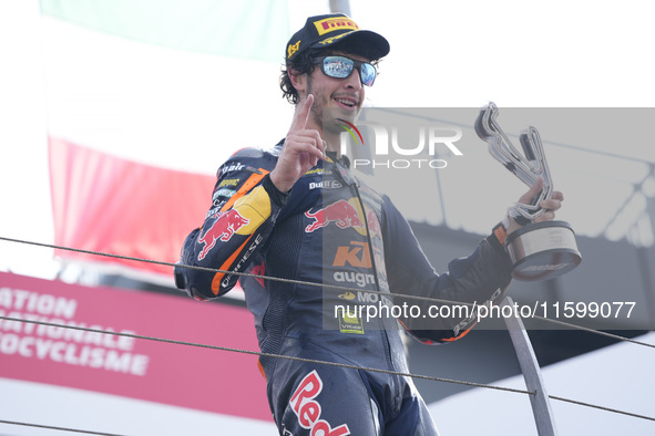 Celestino Vietti of Italy and Red Bull KTM Ajo celebrates the victory of the Moto2 race of the MotoGP of Emilia Romagna at Misano World Circ...