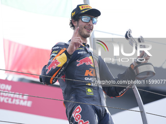 Celestino Vietti of Italy and Red Bull KTM Ajo celebrates the victory of the Moto2 race of the MotoGP of Emilia Romagna at Misano World Circ...