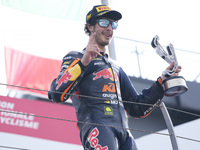 Celestino Vietti of Italy and Red Bull KTM Ajo celebrates the victory of the Moto2 race of the MotoGP of Emilia Romagna at Misano World Circ...