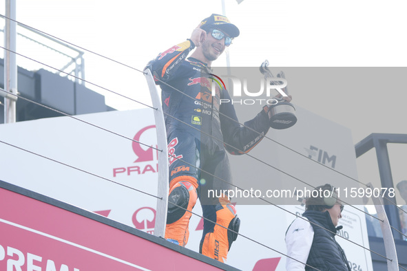 Celestino Vietti of Italy and Red Bull KTM Ajo celebrates the victory of the Moto2 race of the MotoGP of Emilia Romagna at Misano World Circ...