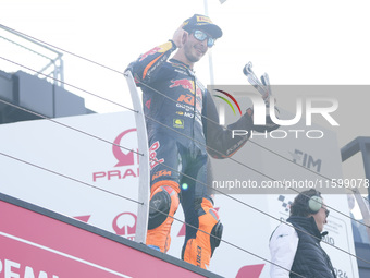 Celestino Vietti of Italy and Red Bull KTM Ajo celebrates the victory of the Moto2 race of the MotoGP of Emilia Romagna at Misano World Circ...