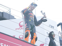 Celestino Vietti of Italy and Red Bull KTM Ajo celebrates the victory of the Moto2 race of the MotoGP of Emilia Romagna at Misano World Circ...