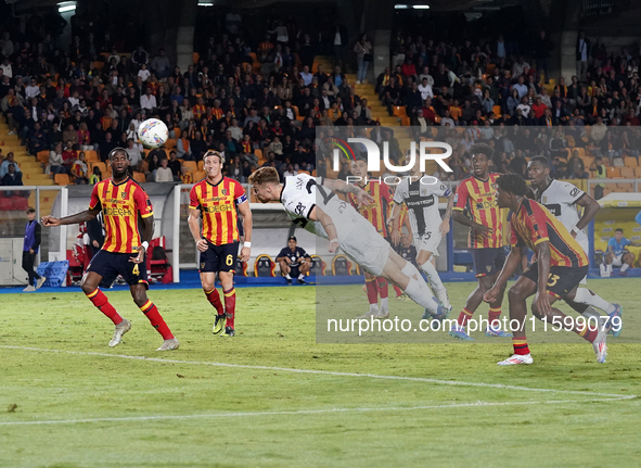 Antoine Hainaut of Parma Calcio scores a goal during the Serie A match between Lecce and Parma in Lecce, Italy, on September 21, 2024. 