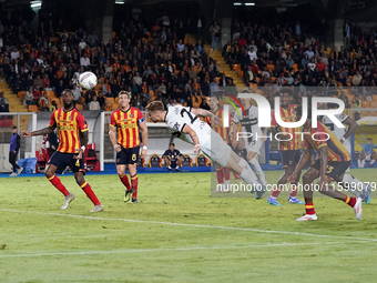 Antoine Hainaut of Parma Calcio scores a goal during the Serie A match between Lecce and Parma in Lecce, Italy, on September 21, 2024. (