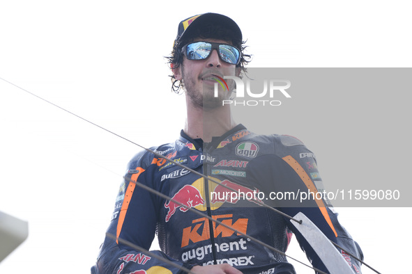 Celestino Vietti of Italy and Red Bull KTM Ajo celebrates the victory of the Moto2 race of the MotoGP of Emilia Romagna at Misano World Circ...