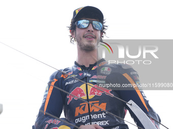 Celestino Vietti of Italy and Red Bull KTM Ajo celebrates the victory of the Moto2 race of the MotoGP of Emilia Romagna at Misano World Circ...