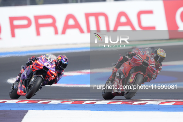 Francesco Bagnaia of Italy and the Ducati Lenovo Team rides on track during the MotoGP of Emilia Romagna at Misano World Circuit in Misano A...