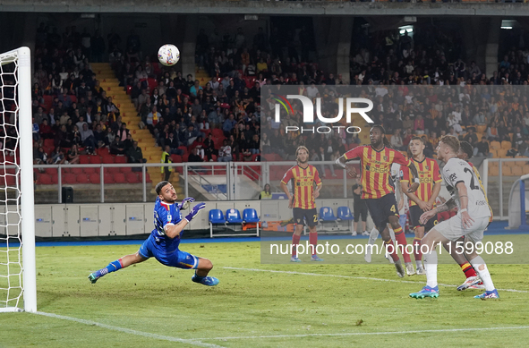 Wladimiro Falcone of US Lecce is in action during the Serie A match between Lecce and Parma in Lecce, Italy, on September 21, 2024. 