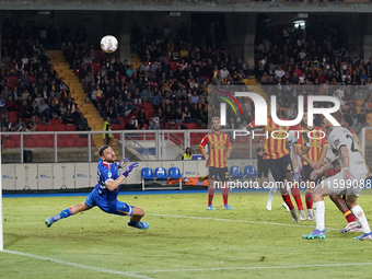 Wladimiro Falcone of US Lecce is in action during the Serie A match between Lecce and Parma in Lecce, Italy, on September 21, 2024. (