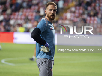 Jan Oblak of Atletico de Madrid warms up during the La Liga EA Sports 2024/25 football match between Rayo Vallecano and Atletico de Madrid a...