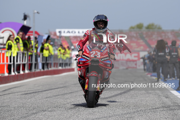 Enea Bastianini of Italy and Ducati Lenovo Team celebrate the victory of the MotoGP of Emilia Romagna at Misano World Circuit in Misano Adri...